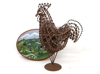 A Primitive Wire Rooster And Bucolic Country Painting