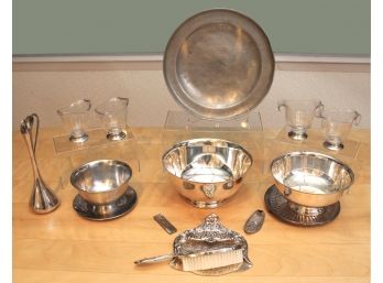Silver-plate Bowls, Sugar And Creamer, Bud Vase, Table Crumber, Italian Pewter Plate And More