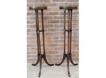 Set Of Two Wood Plants Stands With Brass Trim