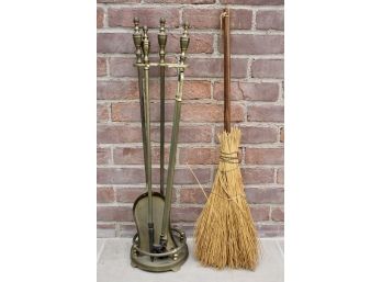 Four Piece Brass Fireplace Tool Set + Broom