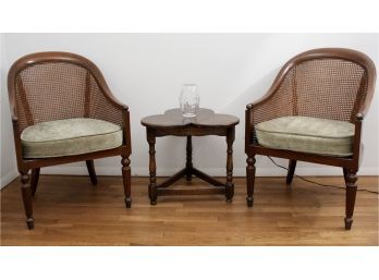 Pair Of Vintage Wood And Cane Chairs With Shamrock Shaped Table And Signed Vase