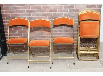 Set Of Eight Vintage Gold Metal And Burnt Orange Folding Chairs