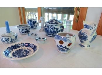 Blue & White Porcelain Bowls, Candle Sticks, And Pitcher Lot