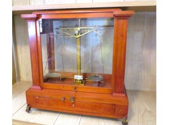 Antique Glass Enclosed Balance Scales With Drawer