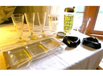 Mid Century Modern Bar Glassware With Ashtrays & Tray