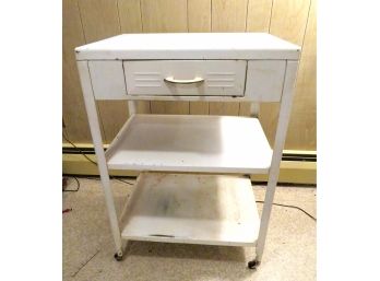 Art Deco Metal White Industrial Cart With Drawer