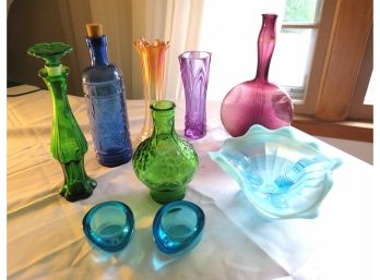 Variety Of Colored Glass Vase & Bottles