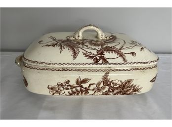 Antique Porcelain Brown Dogwood Flower Transferware Lidded Casserole Dish