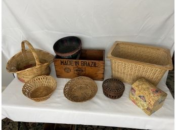 Grouping Of Baskets & Vintage Brazilian Wooden Packing Crate