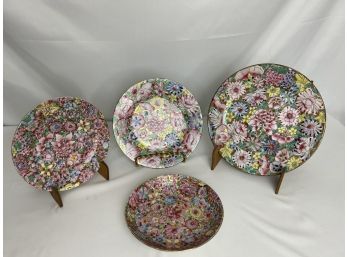 Vintage Set Of Gilt Famille Rose Plates, Made In Macau