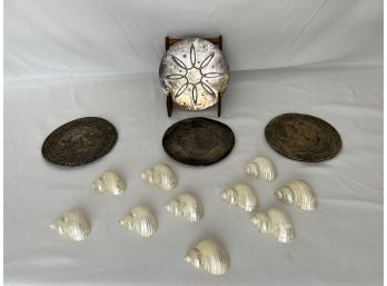Set Of Nine Seashell Napkin Rings & Silver Plate Trivets