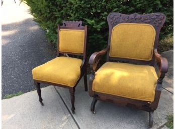 Pairing Of Antique Upholstered Rocker & Side Chair