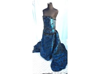 Gorgeous Couture Black & Blue Strapless Gown W/ Detachable Cape Train