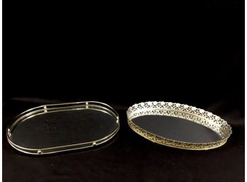 Two Vintage Brass Tone Mirrored Vanity Trays