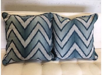 Pair Of Turquoise And White Chevron Toss Pillows.