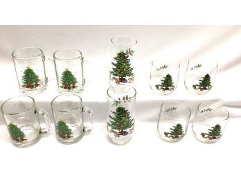 Vintage Grouping Of Christmas Tree Theme Glassware