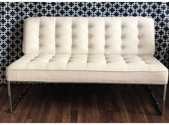 MCM Style White Linen Tufted Back Small Sofa With Chroma Base