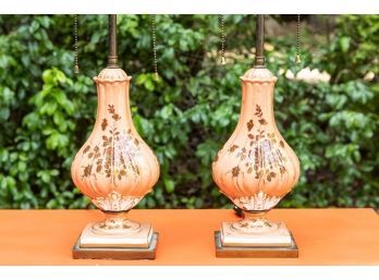 Pair Of Floral Gilt Porcelain Table Lamps