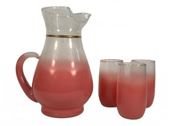 Vintage Blendo Frosted Pink Pitcher And 3 Glasses