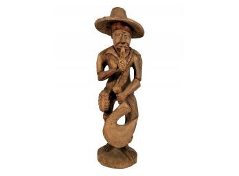 Vintage Carved Farmer With Pipe And Scythe