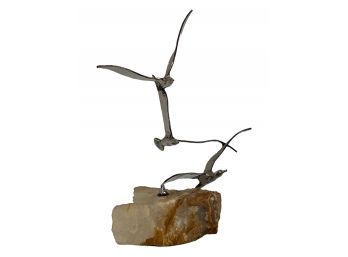 Mid Century Sculpture Seagulls Mounted On Quartz Base