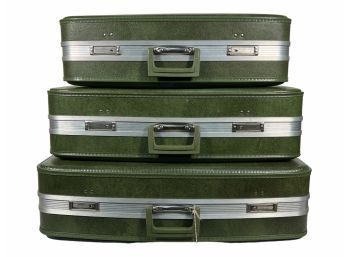 Set Of Three Green Vintage Suitcases