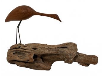 Vintage Hand Carved Heron Mounted To Driftwood