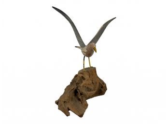 Vintage Carved Hand Painted Seagull Mounted On Driftwood