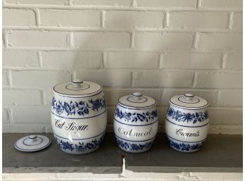 Three German Blue And White Porcelain Food Storage Lidded Canister Jars Cut Sugar, Currants, Oatmeal Extra Lid