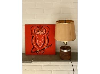 Vintage 1969 Mid Century Modern Orange Owl Embroidered On Felt Board With Wood Block Lamp