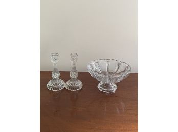 Pair Of Cut Glass Candle Holders With Compote Dish
