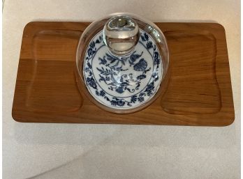 Vintage Teak, Glass And Porcelain Cheese Plate.