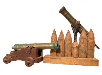 Pair Of Vintage Wood And Brass Display Cannons.