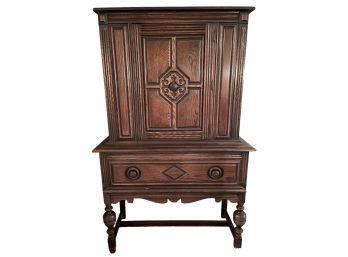 Vintage Jacobean Revival Style, Oak Medium Size China And Flatware Cabinet.