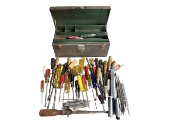 Assortment Of Tools In A Metal Vintage Tool Box.