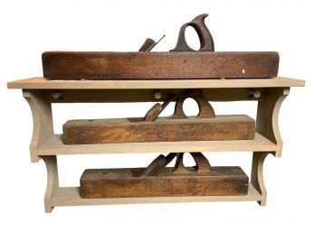 Trio Of  Large Antique Wood Block Hand Planes. Comes With Display Shelf.      #12