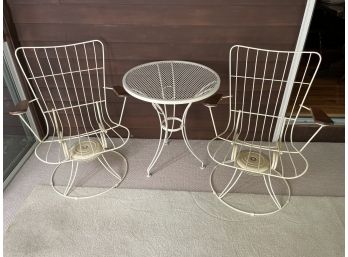 Vintage MCM Pair Of Metal And Teak, Swivel Rocking Chairs And A Side Table, Patio Set.