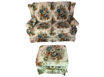 Vintage Loveseat And Ottoman In Floral Design Upholstery.