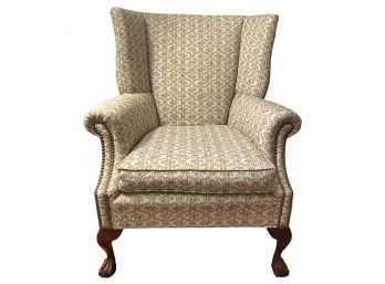 Vintage Upholstered Wing Back Chair With Nail Head Trim.