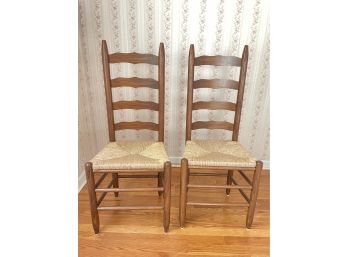 Pair Of Well Made, Rush Seat And Ladder Back Vintage Chairs.
