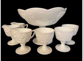 Six Pieces Of Vintage Milk Glass With Vine And Grapes Pattern.