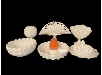 Collection Of Six Vintage Milk Glass Serving Dishes.