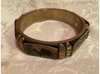 Vintage  Brass And Wood Bangle Bracelet Made In India - Dinosaur Motif