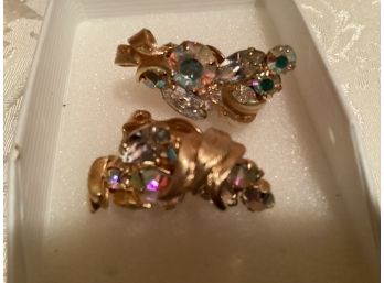 Vintage Gold Tone Aurora Borealis Clip Earrings