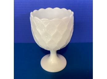 Vintage White Milk Glass Footed Scalloped Rim Compote  (6 1/2 Inches In Height)