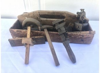 19th Century Antique & Vintage Wooden Toolbox & Tools