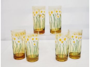 Set Of Six Vintage Amber Ombre Drinking Glasses With Daisy Flowers