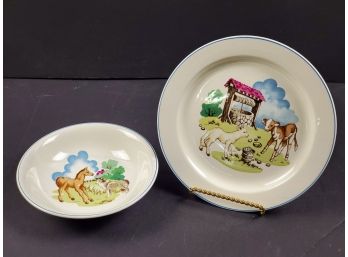 Vintage Copeland Spode England Pets Farm Childs Plate & Bowl Set