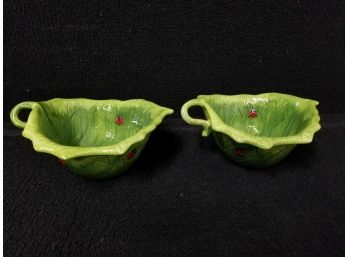 Two Cute Pier 1 Ladybug Green Ceramic Bowls