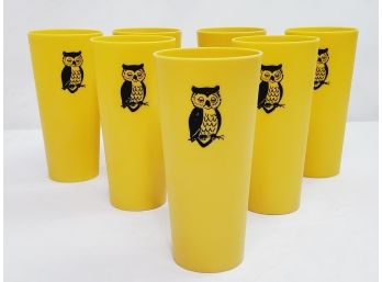 Seven Vintage Retro NASCO Owl Tumblers Plastic Stacking Yellow Gold Black Owl